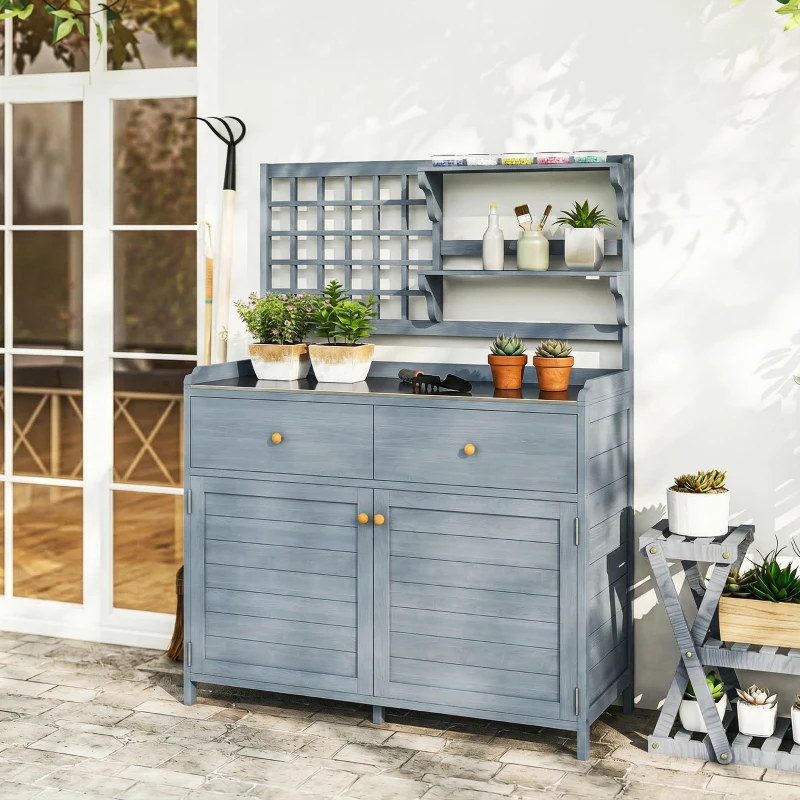 Outsunny Pflanztisch mit Unterschrank Outdoor Holz Gartenschrank mit verzinkter Arbeitsplatte 2 Schubladen 104x44x140 cm Hellgrau