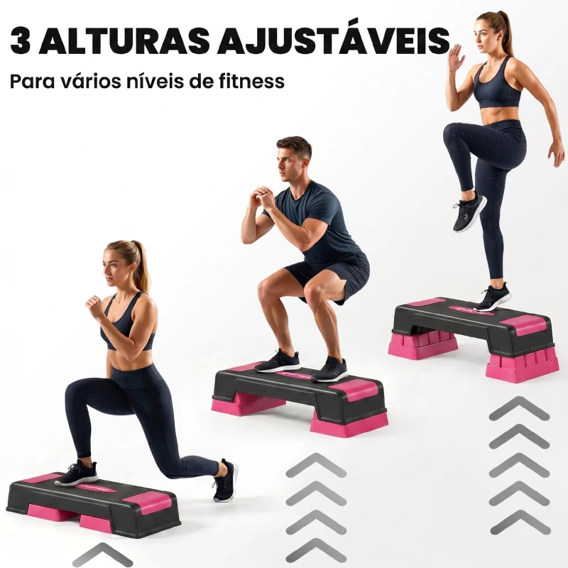 SPORTNOW Step Aeróbico Step para Fitness com Altura Ajustável 12/17,5/22,5 cm Suporta 250 kg para Casa ou Ginásio Rosa
