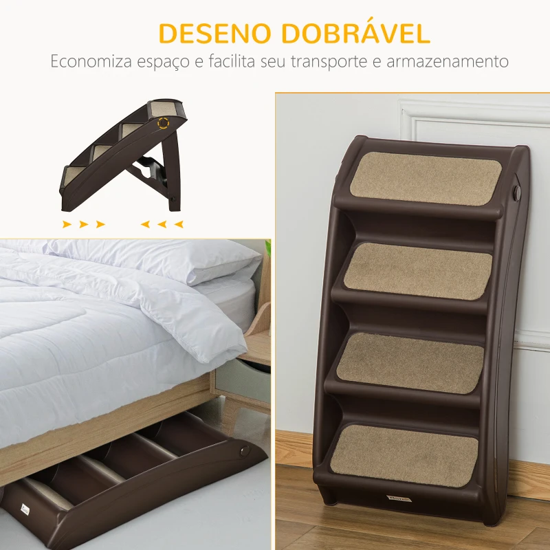 PawHut Escada Dobrável para Animais de Estimação de 4 Degraus  Portátil com Tapetes Antiderrapantes 62x38x49,5cm Marrom Escuro