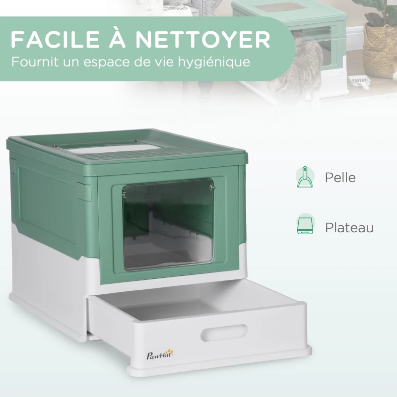 PawHut Maison de toilette pour chat pliable double porte battante et supérieure pelle fourni 47,5 x 35,5 x 36,7 cm vert