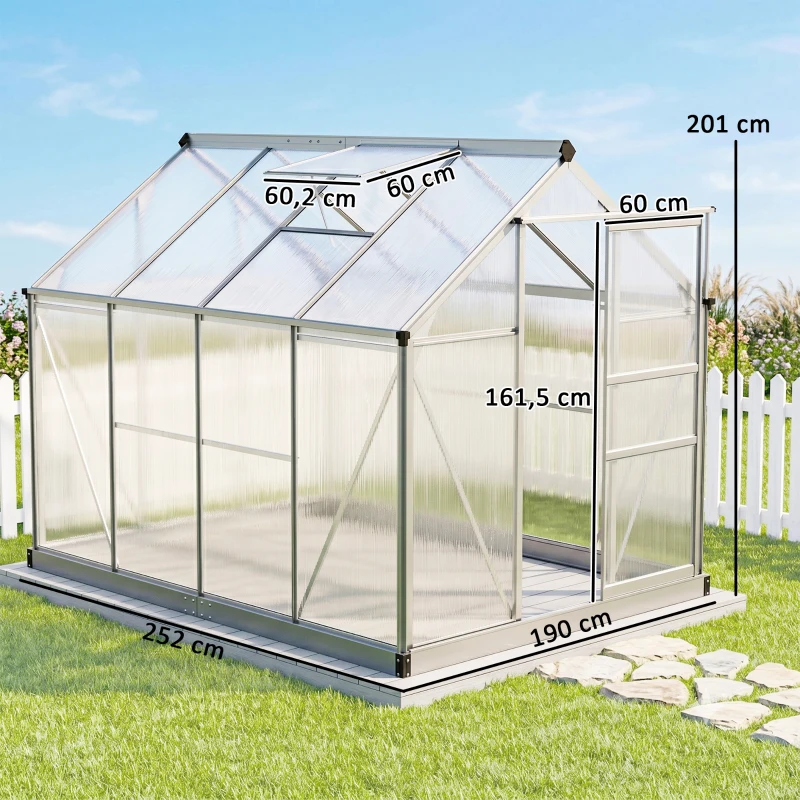 Outsunny Gewächshaus, Treibhaus, mit Dachfenster, Schiebetür, transparent, Polycarbonat+Aluminium, 190 x 252 x 201cm
