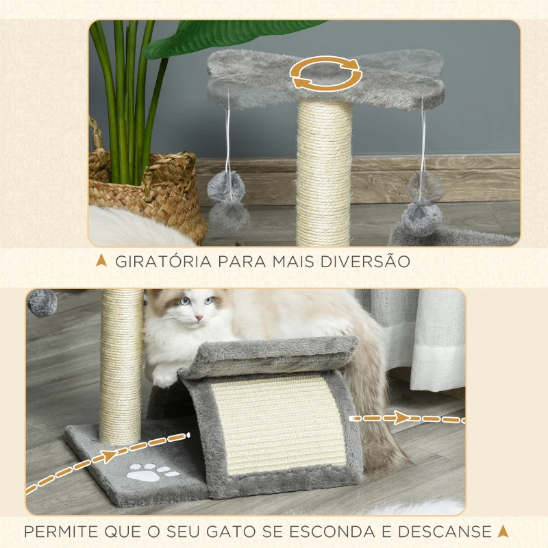 PawHut Árvore Arranhador para Gatos Pequena com Poste Giratório Bolas Suspensas Plataforma Curva e Esconderijo 40x30x43 cm Cinza