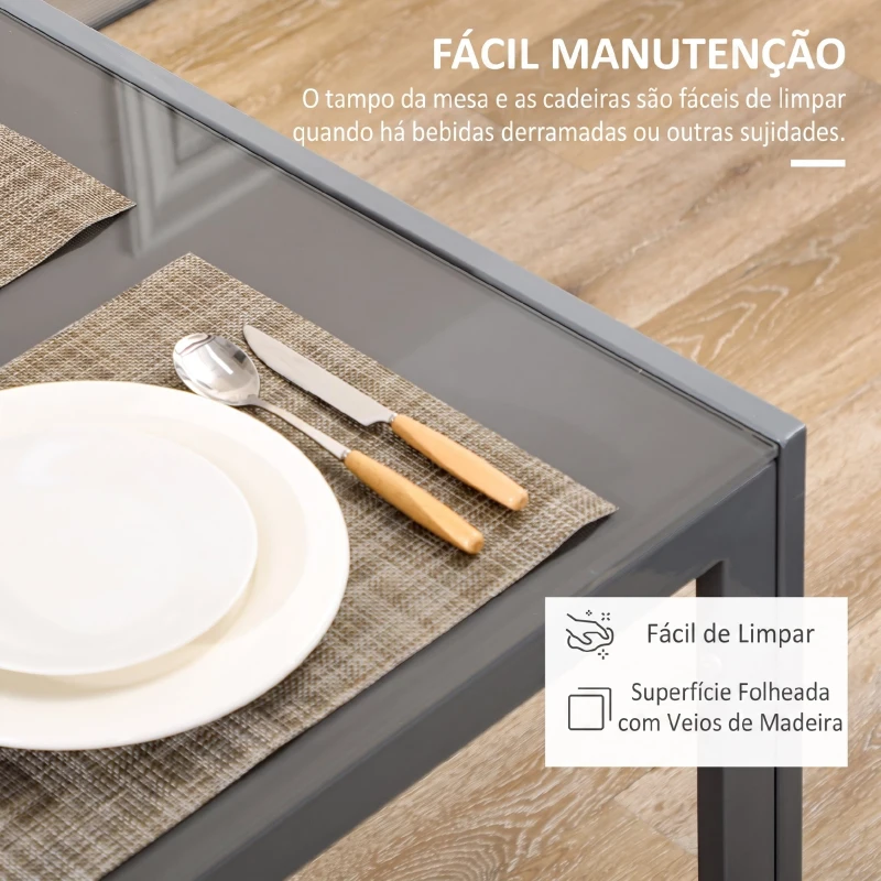 HOMCOM Conjunto de Sala de Jantar 5 Peças com Mesa Retangular de Vidro Temperado e 4 Cadeiras em PU Cinzento