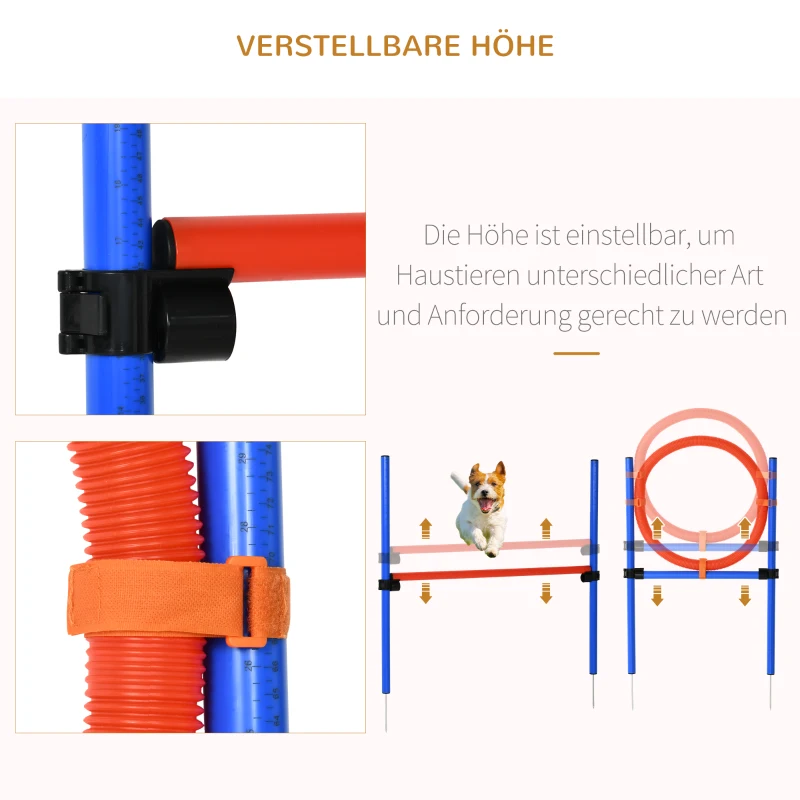 PawHut Agility Set Hunde, 3-teiliges Agility Ausrüstung mit Hürden, Slalomstangen, Springring, Aufbewahrungstasche, Steckhürdenset für Hundetraining, Trainingsset für Hunde Blau+Rot