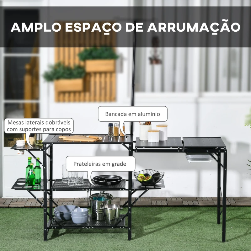 Outsunny Mesa de Campismo de 3 Níveis Dobrável com Prateleiras de Armazenamento Suporte para Candeeiro e Bolsa de Transporte 173x52x80-174 cm Preto