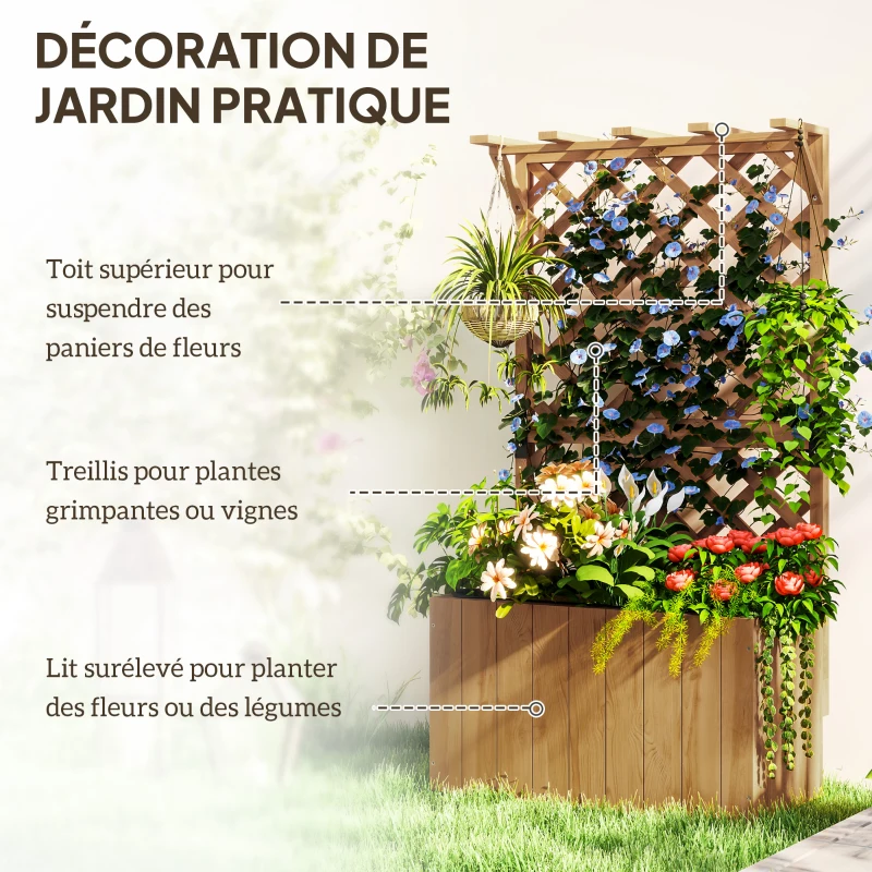 Outsunny Jardinière avec treillis, bac à fleurs en bois massif avec trous de drainage et doublure, 64 x 33 x 122 cm, bois naturel