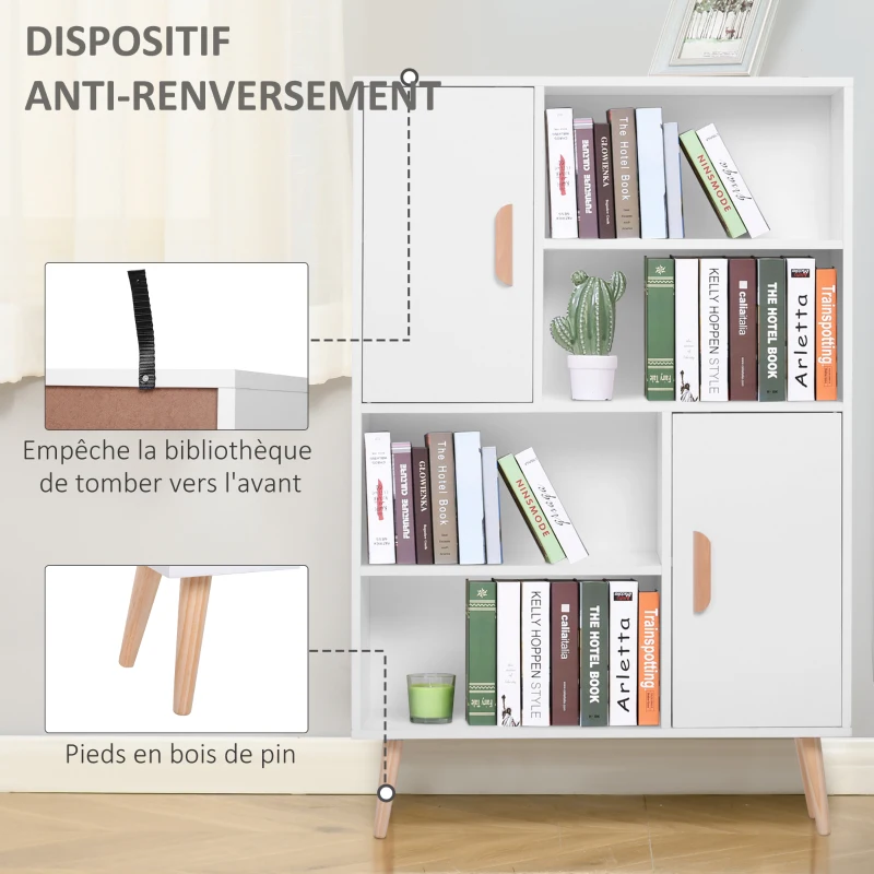 HOMCOM Bibliothèque scandinave 4 niches + 2 placards avec étagère dim. 80L x 24l x 123H cm Pieds effilés inclinés Bois Massif Panneaux Particules Blanc