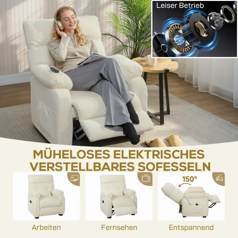 HOMCOM Elektrischer Relaxsessel Fernsehsesel mit Fußstütze, Seitentaschen, bürstenlosem Motor, USB-Anschluss, Fernbedienung