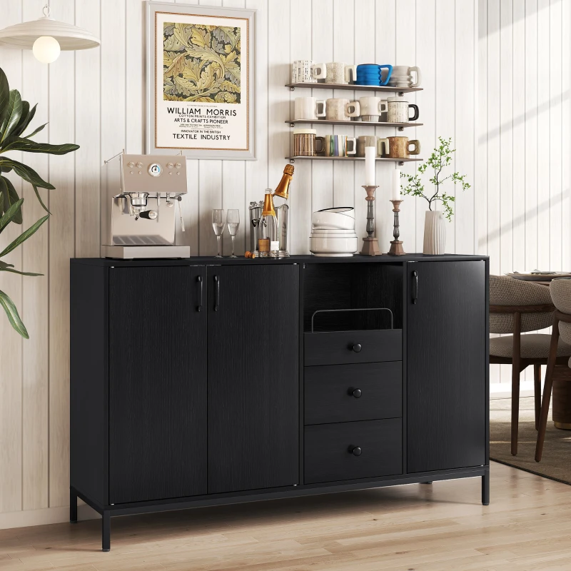 HOMCOM Aparador com 3 Portas e 3 Gavetas Prateleiras Ajustáveis para Cozinha, Entrada Sala de Jantar Quarto 143,5x40x90 cm Preto