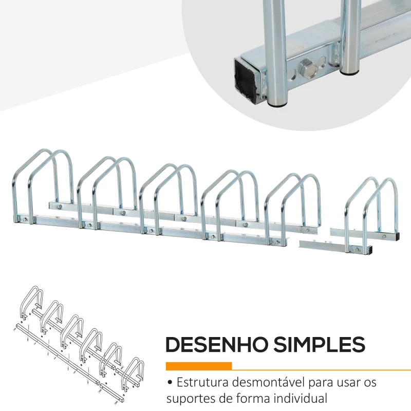 HOMCOM Estacionamento para 6 Bicicletas Suporte de Aço para Estacionar Bicicletas no Chão para Interior e Exterior 179x33x27 cm Prata