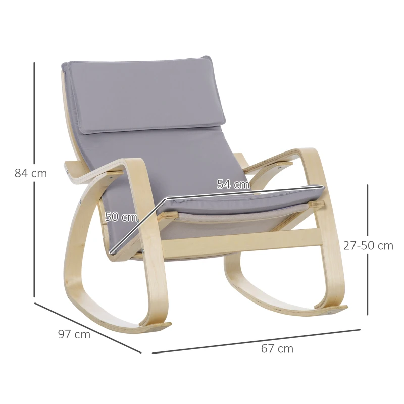 HOMCOM Poltrona Baloiço Poltrona Relax com Almofada Amovível Apoio para os Braços e Pés de Madeira de Bétula 67x97x84cm Cinza