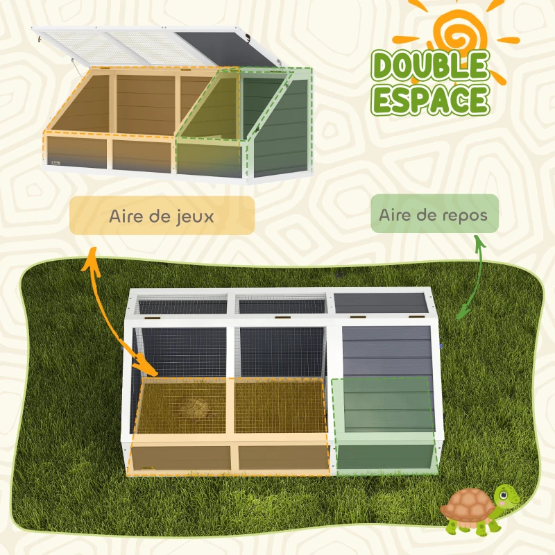 PawHut Maison enclos cage pour petit animal tortue en bois avec couvercle ouvrable, loquets, 2 espaces distincts, gris