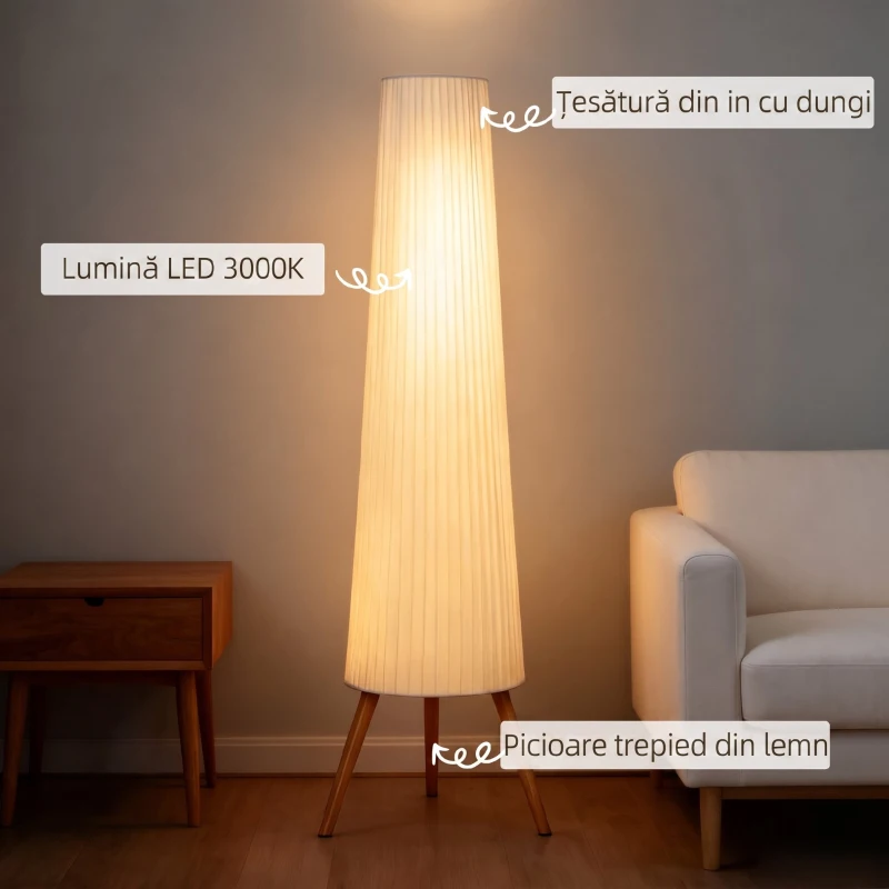 HOMCOM Lampă de Podea cu Trepied și Comutator cu Pedală, Luminozitate Reglabilă, 46x46x153 cm, Alb