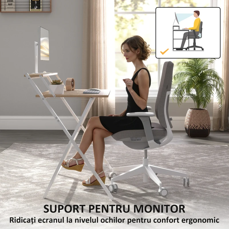 HOMCOM Birou Pliabil cu Raft pentru Monitor, 81,5x62x86,5 cm, Lemn și Alb