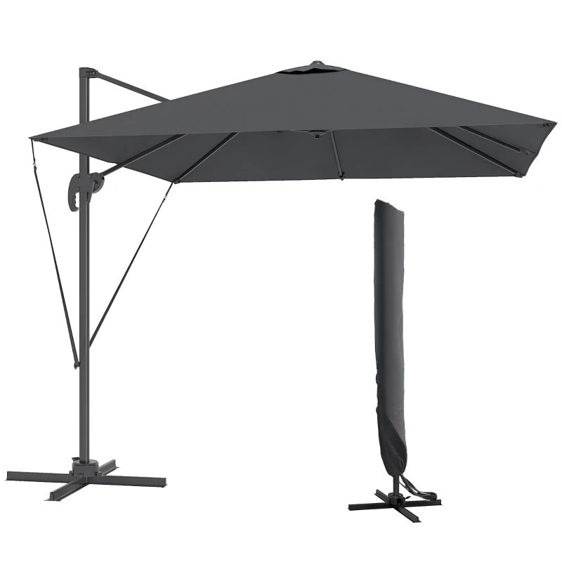 Outsunny Umbrelă de Grădină 2.5x2.5 m cu Braț, Rotativă la 360° cu Manivelă și Bază în Formă de Cruce, Gri Închis