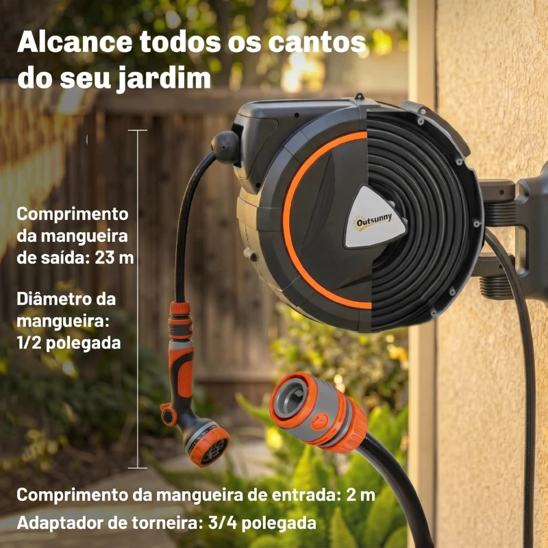 Outsunny Carretel de Mangueira Retrátil 23+2 m com 12 Modos de Pulverização Bloqueio Automático Retração Controlada Suporte Laranja