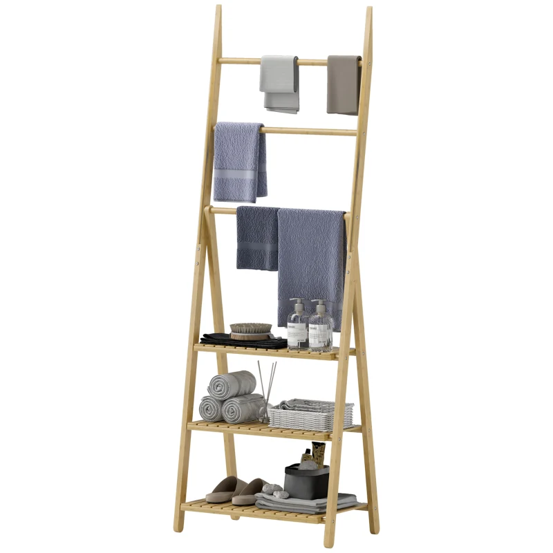 HOMCOM 3-stufiges Badezimmerregal, 3 Handtuchhalter, Bambusrahmen, A-förmig, Lattenregale