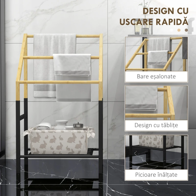 HOMCOM Suport Prosop de Podea cu 3 Bare și Raft Inferior din Bambus și Oțel, 51x31x85,5 cm, Negru și Natural Lemn