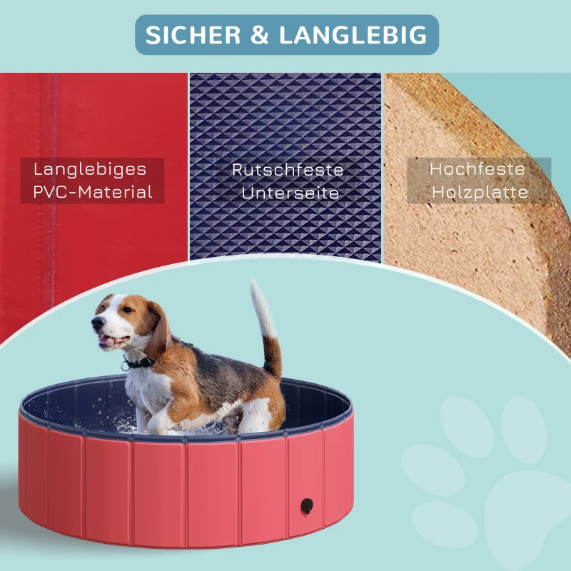 PawHut Hundebadewanne faltbar Hundepool Schwimmbecken Swimmingpool Plantschbecken Badewanne für Hunde & Katzen Wasserbecken aus Kunststoff, Holz Ø100 x H30 cm Rot