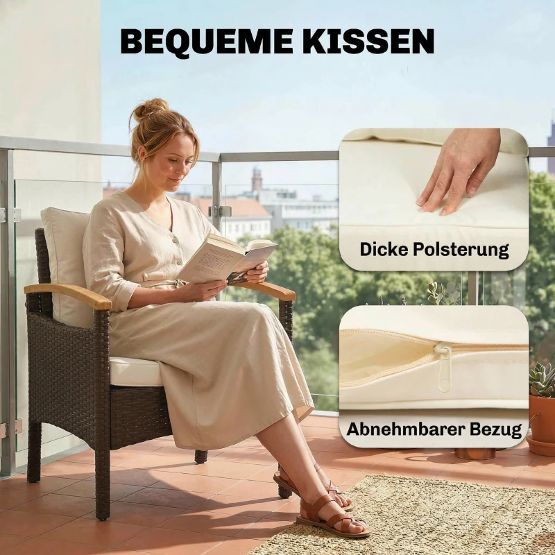 Outsunny Rattan Bistroset 3 teiliges FSC Gartenmöbel-Set mit 2 Sessel, 2-Ebene Holz-Tisch, dicke waschbare Kissen
