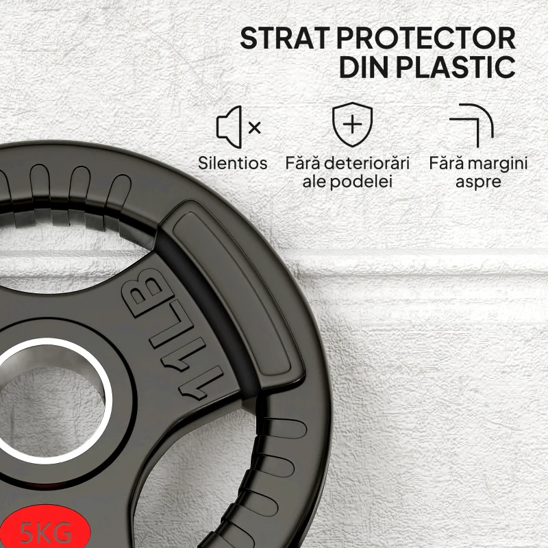 SPORTNOW Set de discuri greutăți 2x5 kg cu orificiu de 5 cm și 3 mânere, oțel cu înveliș din plastic, negru