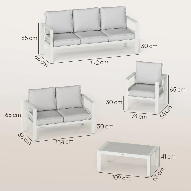 Outsunny Set Canapea de Grădină din Aluminiu cu 2 Fotolii, Masă Efect Lemn, 192x66x65 cm, Alb