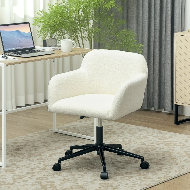 HOMCOM Drehbarer Bürostuhl mit Rollen, Schreibtischstuhl, Fleece-Stoff, Schaumstoff, höhenverstellbar, Homeoffice, Cremeweiß