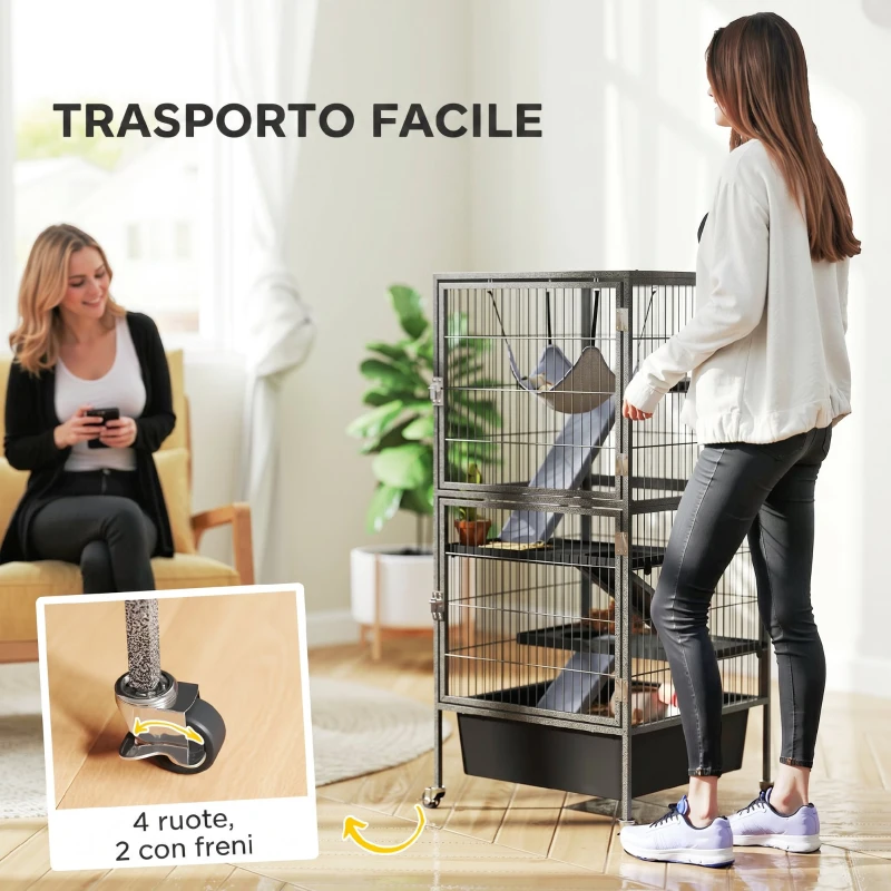 PawHut Gabbia per Piccoli Animali a 4 Livelli con Rampe, Piattaforme, Amaca e Ruote, 52x52x115 cm, Grigio