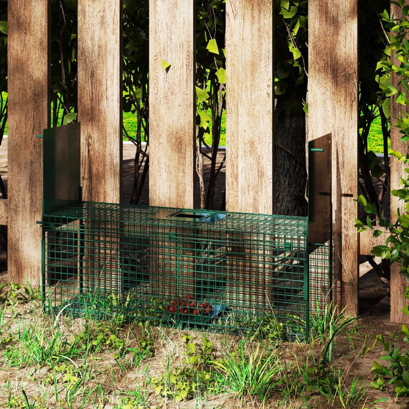 Outsunny Trampa para Animales Vivos 80x25x30 cm Jaula Trampa para Ratas con 2 Puertas Asa y Marco de Acero para Ratones Roedores Verde Oscuro