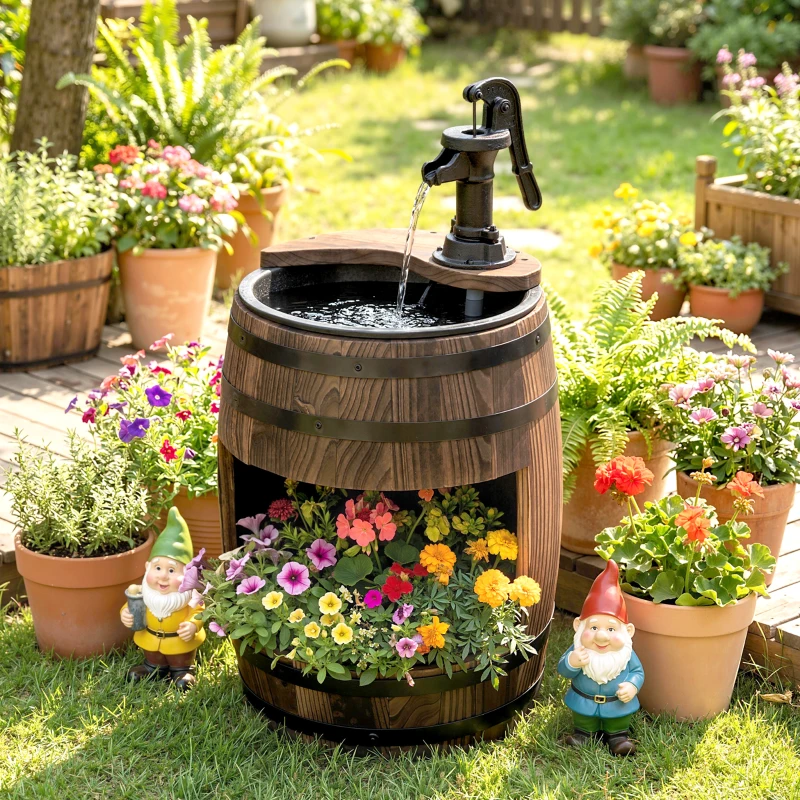 Outsunny Gartenbrunnen Zierbrunnen Springbrunnen Fassbrunnen Wasserfall Holzfass mit Pflanzgefäß Tannenholz Dunkelbraun Ø27 x 59 cm