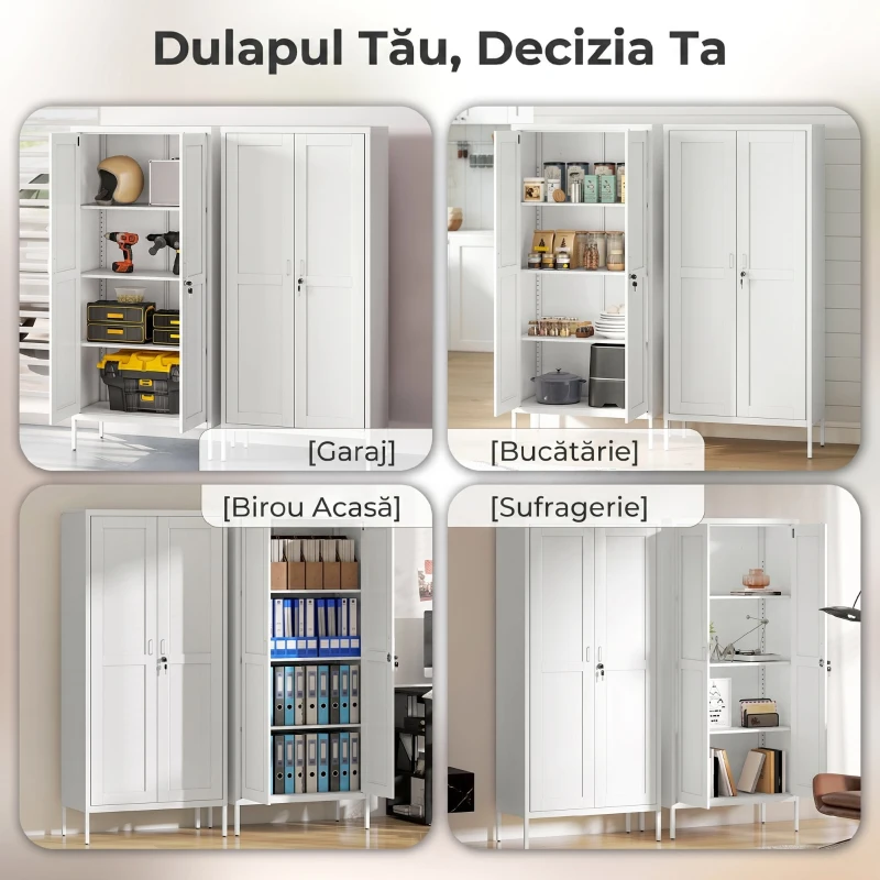HOMCOM Dulap pentru Birou din Oțel cu 3 Rafturi Reglabile, cu Încuietoare și 2 Chei, 80x40x175 cm, Alb