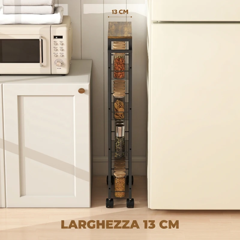 HOMCOM Carrello Cucina con 4 Ruote, Carrello Portaoggetti con Ruote, Piano con Effetto Legno, Struttura in Metallo, 47x13x96.5 cm, Nero