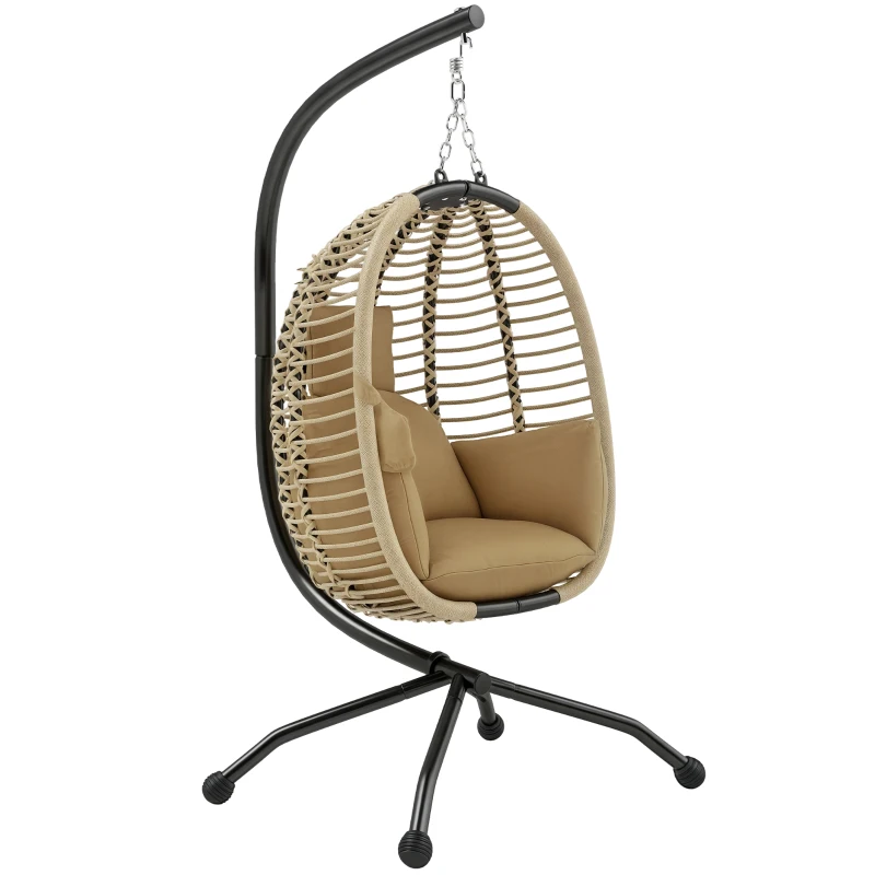 Outsunny Hängesessel mit Gestell, Faltbar Eiförmiger Hängeschaukel mit waschbarem Sitz Becherhalter Sicherheitsseil Beige