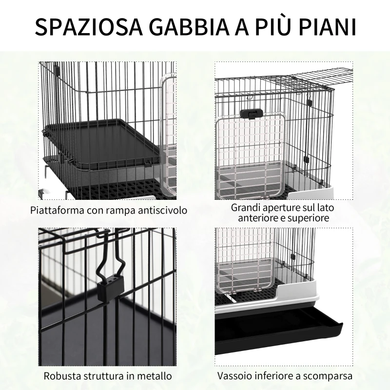 PawHut Gabbietta per Conigli Porcellini d'India in Metallo Nero con 2 Porte e Vassoio Estraibile 81.2x52.7x70cm