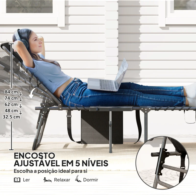 Outsunny Espreguiçadeira Dobrável com Encosto Ajustável Apoio de Cabeça Bolso Lateral Bandeja e Estrutura em Aço 190x60x31 cm Preto