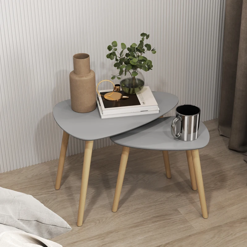 HOMCOM Conjunto de 2 Mesas Auxiliares com Pés de Madeira Mesas de Café 59,5x39,5x45cm e 44,5x28,5x40 cm Cinza