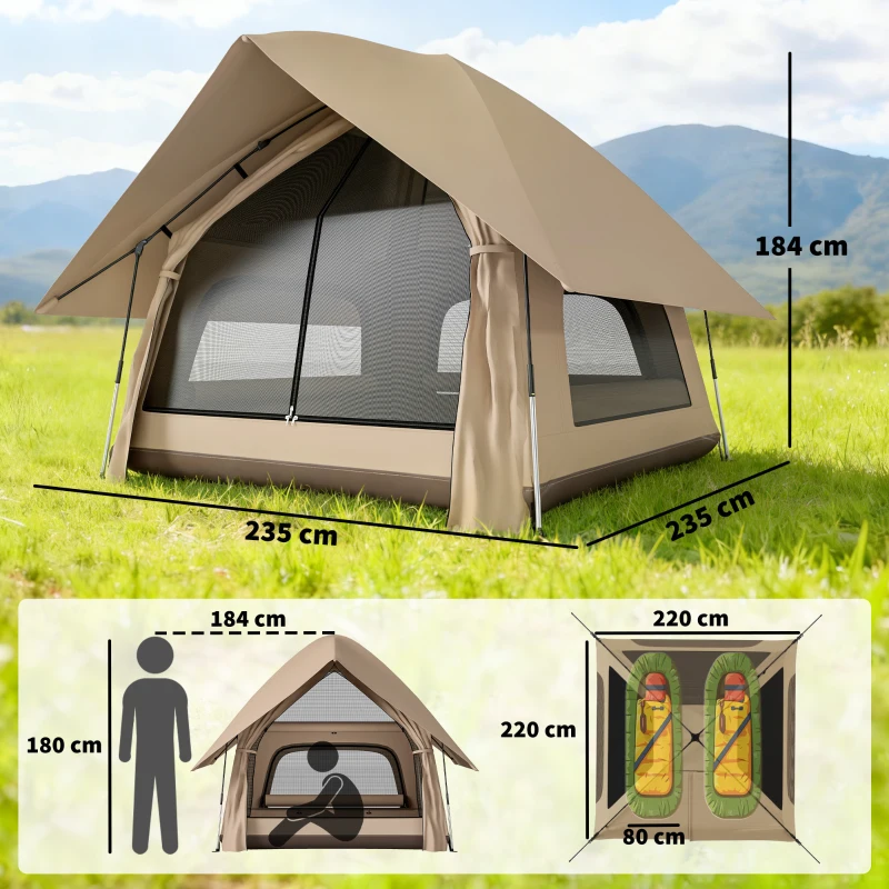 Outsunny Instant-Pop-Up-Zelt mit Regenschutz wasserdicht Kuppelzelt für 2-3 Personen mit Bodenplane 4 Fenster 235x235x184cm Khaki