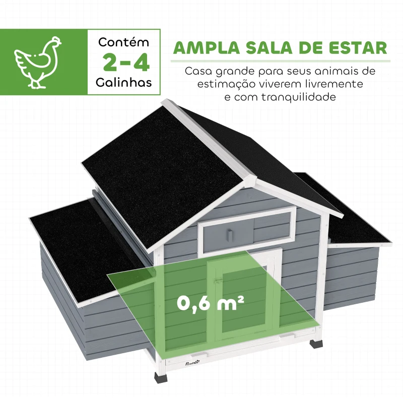 PawHut Galinheiro de Madeira para Exterior com 2 Ninhos, Bandeja Removível Poleiros Telhado Impermeável 150x100x96,5 cm Cinzento