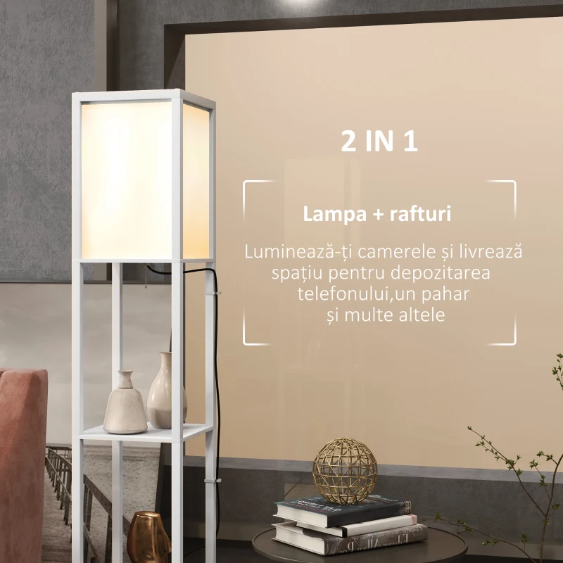 HOMCOM Lampă de podea modernă cu 2 abajururi și 2 rafturi pentru becuri E27, putere max. 40W, 26x26x156 cm, alb