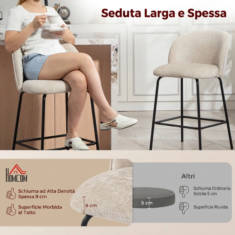 HOMCOM Set 2 Sgabelli da Bar con Schienale e Poggiapiedi, Rivestimento in Tessuto e Gambe in Acciaio, Beige
