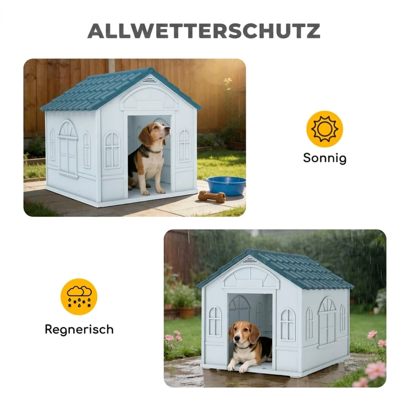 PawHut Hundehütte mit Satteldach, wetterfest, Kunststoff, 65 x 75,7 x 63 cm, Blau