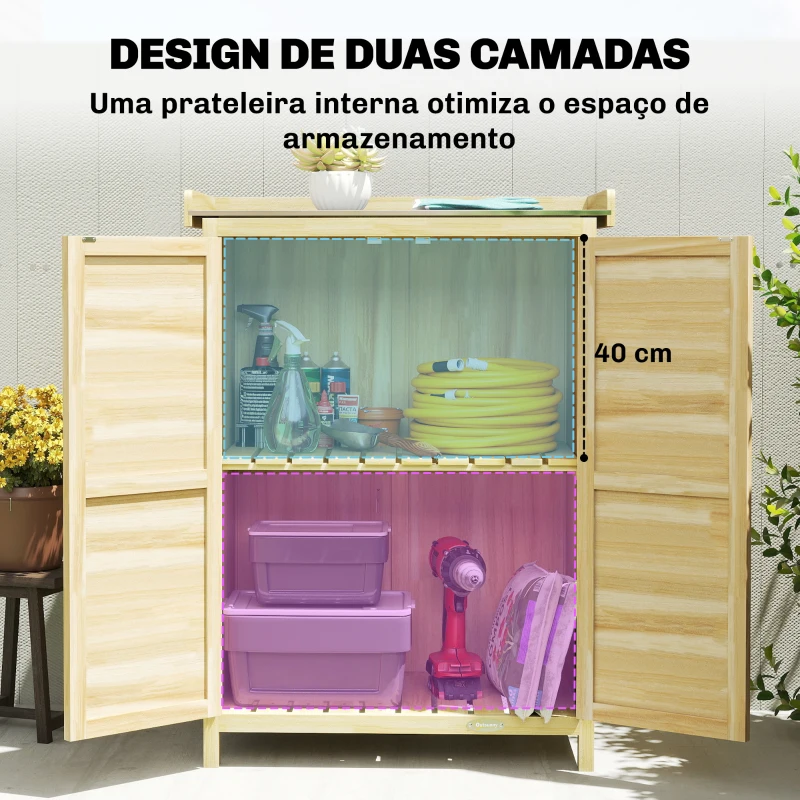 Outsunny Armário de Jardim em Madeira com Teto de Metal, Prateleiras e Ganchos para Armazenamento de Ferramentas, 71,5x39x95 cm