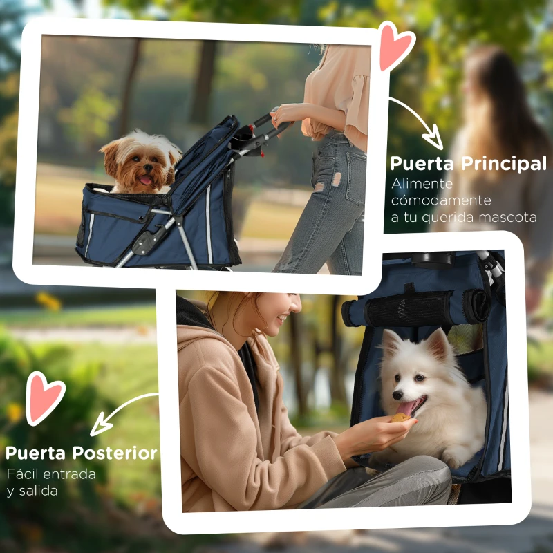 PawHut Carrito para Perros Pequeños con Cesta de Almacenaje Ventanas de Malla y 2 Ruedas Universales 75x45x97 cm Azul Oscuro