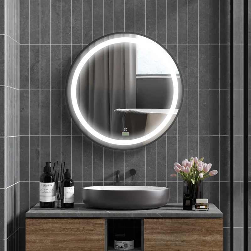 kleankin Badezimmerspiegel, LED-Beleuchtung, dimmbar, 3 Lichtfarben, Metallrahmen, Ø60 cm, Schwarz