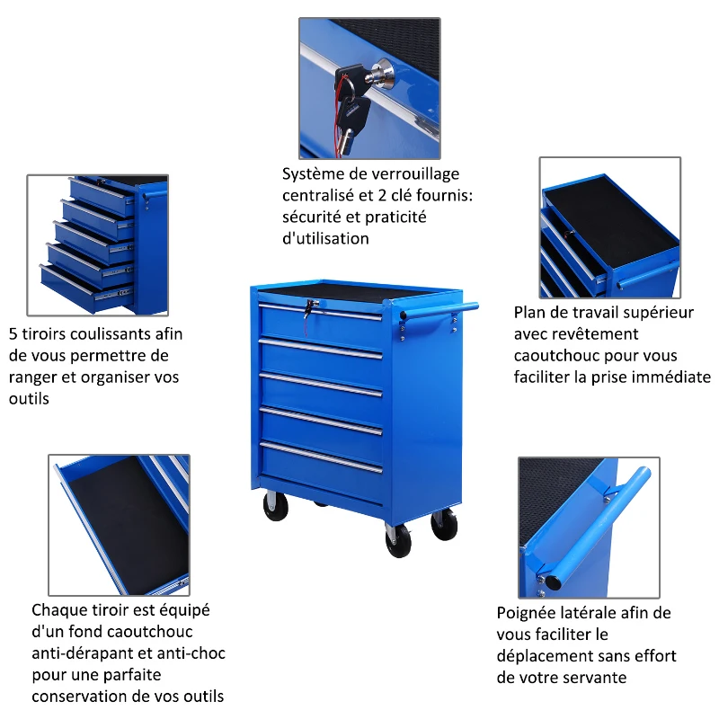 Homcom Caisse à Outils avec Chariot en Acier Bleu 68 x 39 x 71 cm