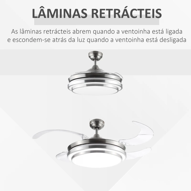 HOMCOM Ventoinha de Teto 51W com Luz LED 30W Ajustável 3000/4000/6000K Controle Remoto 3 Velocidades Temporizador 4 Lâminas para Dormitório Sala de Estar Ø106x43 cm Prata