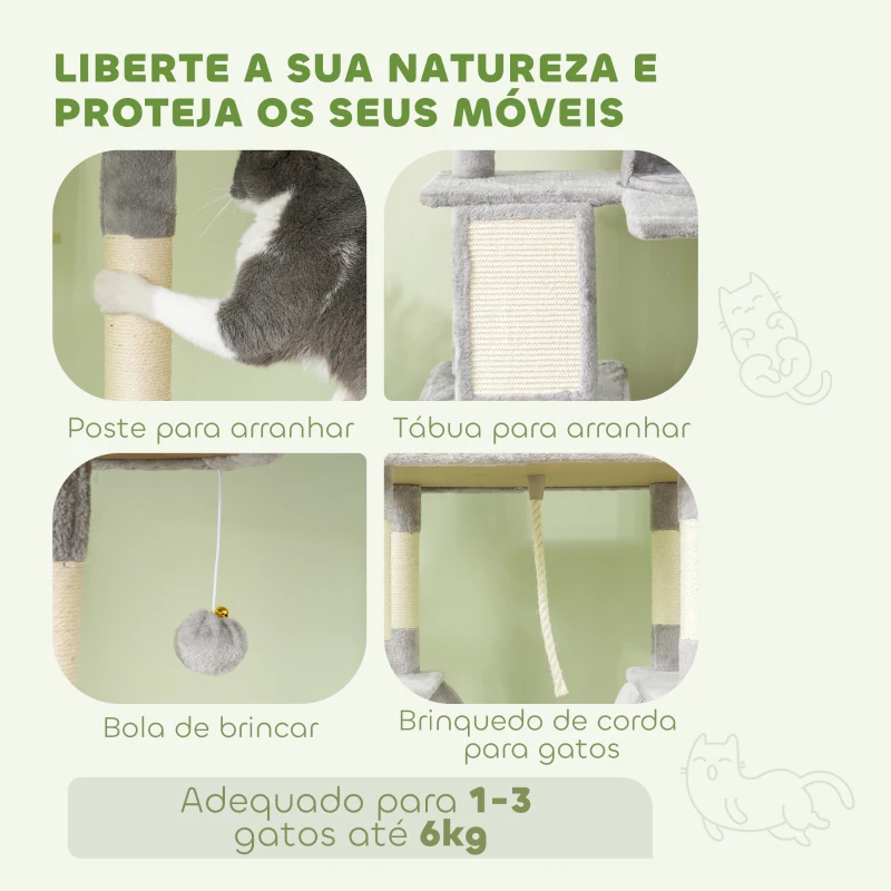 PawHut Arranhador para Gatos Grande Altura 173 cm Torre para Gatos com Plataformas Caverna Bolas Suspensa e Rede Cinza Claro