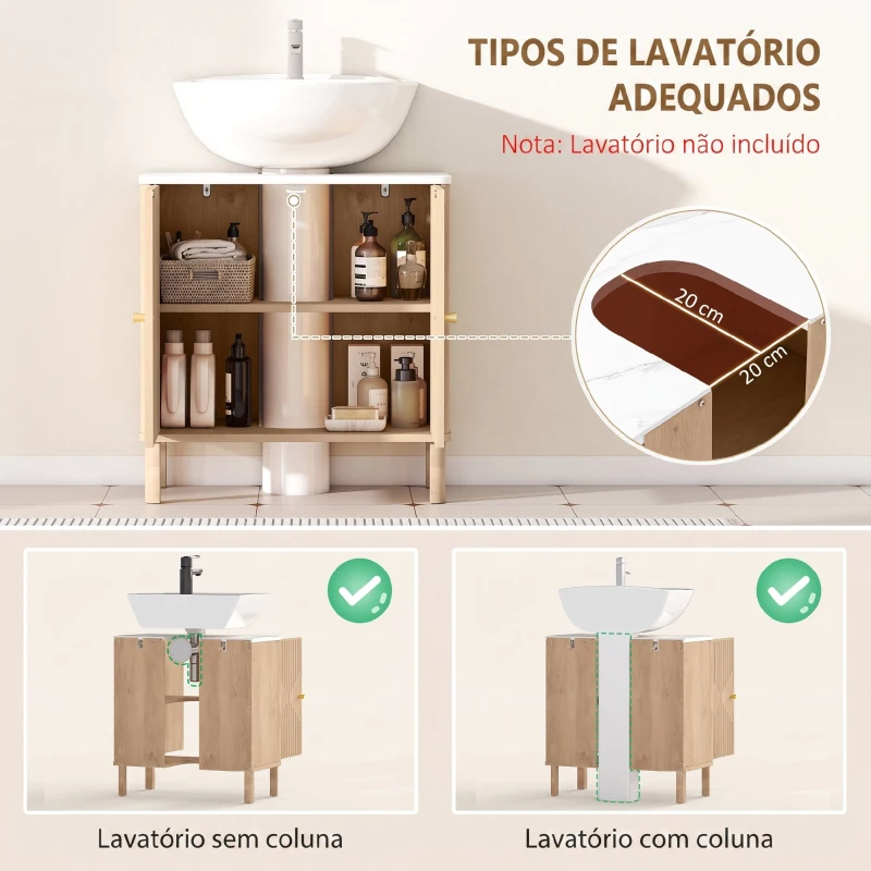 HOMCOM Móvel para Lavatório com Prateleira Ajustável e Tampo Efeito Mármore para Lavatório com ou sem Coluna 60x30x63 cm Carvalho