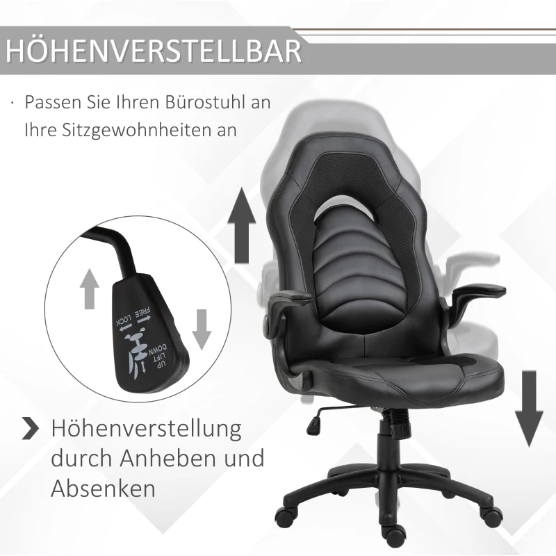 Vinsetto Gamingstuhl mit Wippfunktion höhenverstellbarer Bürostuhl ergonomischer Schreibtischstuhl Home-Office Schaumstoff Kunstleder Nylon Mesh Schwarz 64 x 68,5 x 117-127 cm