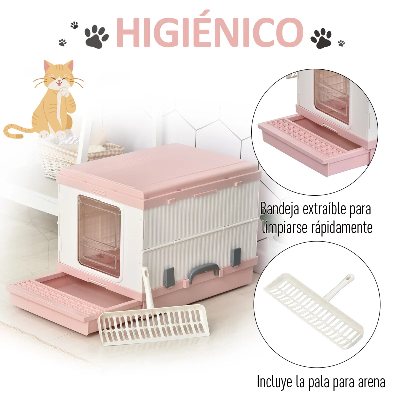 PawHut Caja de Arena para Gatos Plegable Arenero Portátil Aseo Quita Mal Olor con Manija Puerta Orificio de Ventilación Bandeja Material ABS 54x43x42 cm Blanco y Rosa